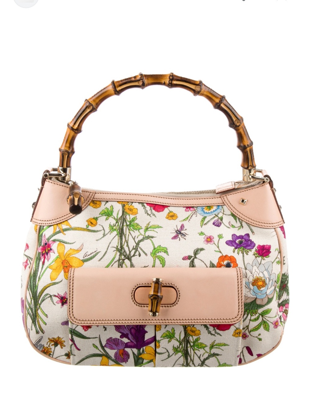 Gucci Pink Floral Canvas Shoulder Bag with Bamboo Handle